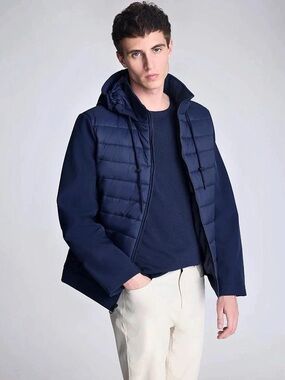KENNETH COLE Men's Blue Mixed-Media Hooded Puffer Jacket Size Large